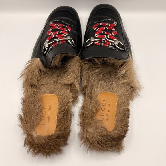 GUCCI Princetown Snake Fur Lined Mules Slides Black Leather Horsebit Sz 11 $995 - Picture 9 of 12